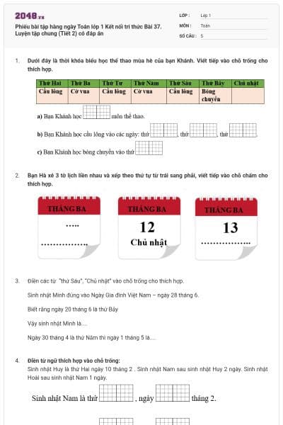Phiếu bài tập hàng ngày Toán lớp 1 Kết nối tri thức Bài 37. Luyện tập chung (Tiết 2) có đáp án