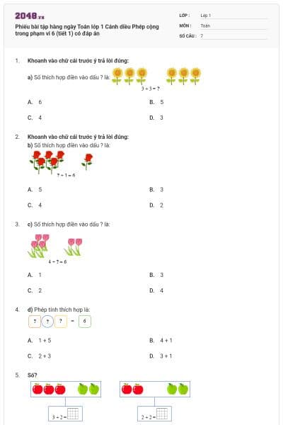 Phiếu bài tập hàng ngày Toán lớp 1 Cánh diều Phép cộng trong phạm vi 6 (tiết 1) có đáp án