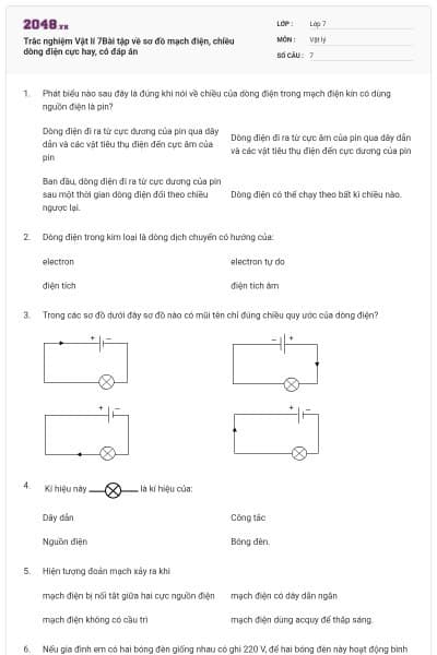 Trắc nghiệm Vật lí 7Bài tập về sơ đồ mạch điện, chiều dòng điện cực hay, có đáp án