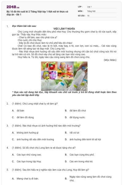 Bộ 10 đề thi cuối kì 2 Tiếng Việt lớp 1 Kết nối tri thức có đáp án - Đề 1
