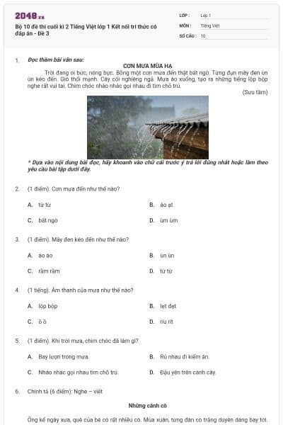 Bộ 10 đề thi cuối kì 2 Tiếng Việt lớp 1 Kết nối tri thức có đáp án - Đề 3