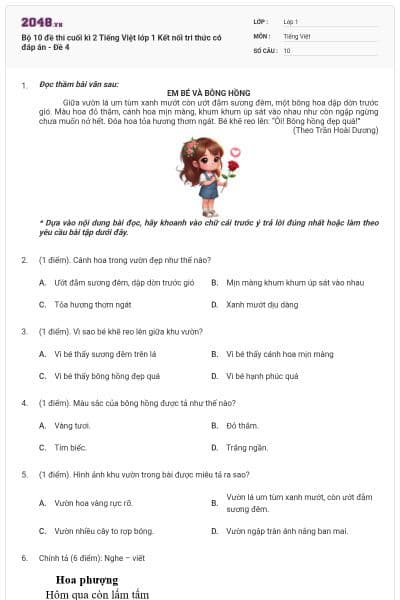 Bộ 10 đề thi cuối kì 2 Tiếng Việt lớp 1 Kết nối tri thức có đáp án - Đề 4