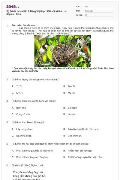 Bộ 10 đề thi cuối kì 2 Tiếng Việt lớp 1 Kết nối tri thức có đáp án - Đề 6