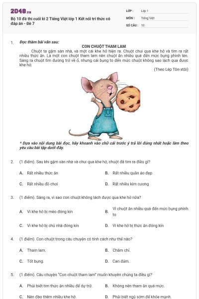 Bộ 10 đề thi cuối kì 2 Tiếng Việt lớp 1 Kết nối tri thức có đáp án - Đề 7