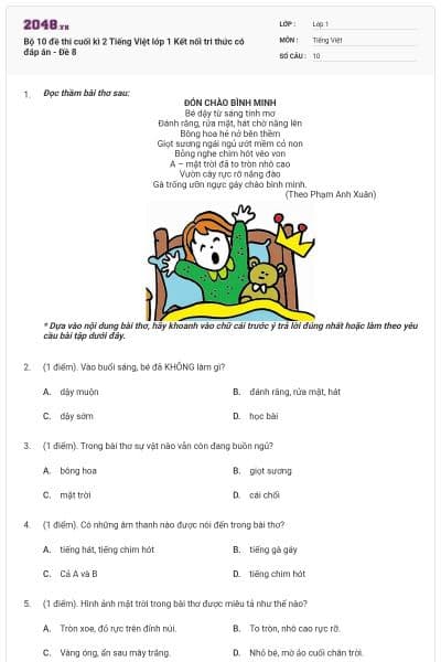 Bộ 10 đề thi cuối kì 2 Tiếng Việt lớp 1 Kết nối tri thức có đáp án - Đề 8
