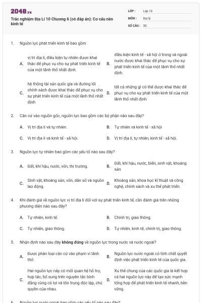 Trắc nghiệm Địa Lí 10 Chương 6 (có đáp án): Cơ cấu nền kinh tế