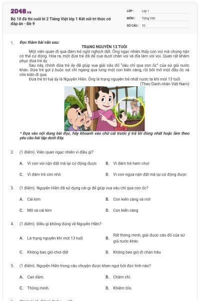 Bộ 10 đề thi cuối kì 2 Tiếng Việt lớp 1 Kết nối tri thức có đáp án - Đề 9