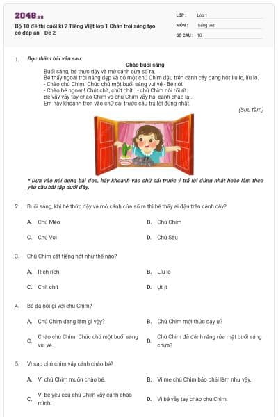 Bộ 10 đề thi cuối kì 2 Tiếng Việt lớp 1 Chân trời sáng tạo có đáp án - Đề 2