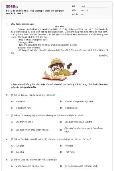 Bộ 10 đề thi cuối kì 2 Tiếng Việt lớp 1 Chân trời sáng tạo có đáp án - Đề 3