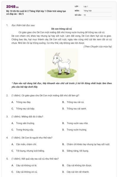 Bộ 10 đề thi cuối kì 2 Tiếng Việt lớp 1 Chân trời sáng tạo có đáp án - Đề 5