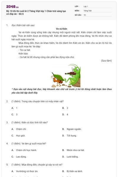 Bộ 10 đề thi cuối kì 2 Tiếng Việt lớp 1 Chân trời sáng tạo có đáp án - Đề 6