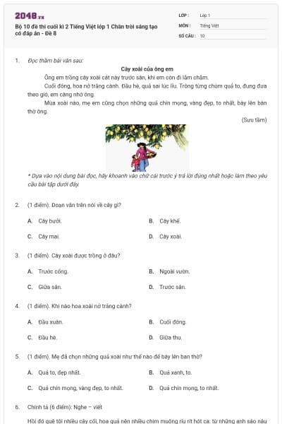 Bộ 10 đề thi cuối kì 2 Tiếng Việt lớp 1 Chân trời sáng tạo có đáp án - Đề 8