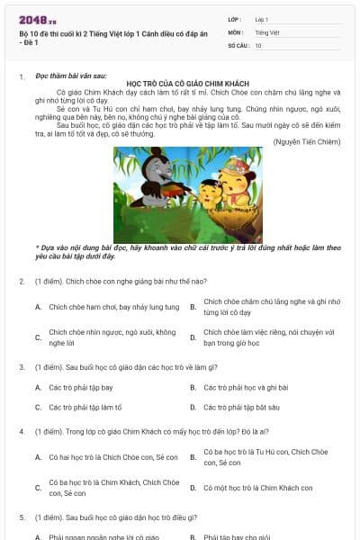 Bộ 10 đề thi cuối kì 2 Tiếng Việt lớp 1 Cánh diều có đáp án - Đề 1