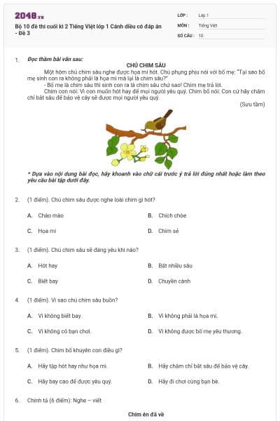 Bộ 10 đề thi cuối kì 2 Tiếng Việt lớp 1 Cánh diều có đáp án - Đề 3