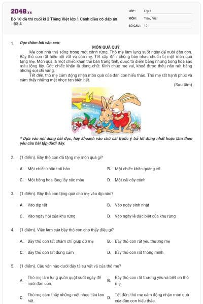 Bộ 10 đề thi cuối kì 2 Tiếng Việt lớp 1 Cánh diều có đáp án - Đề 4