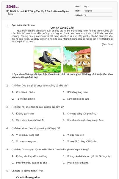 Bộ 10 đề thi cuối kì 2 Tiếng Việt lớp 1 Cánh diều có đáp án - Đề 6