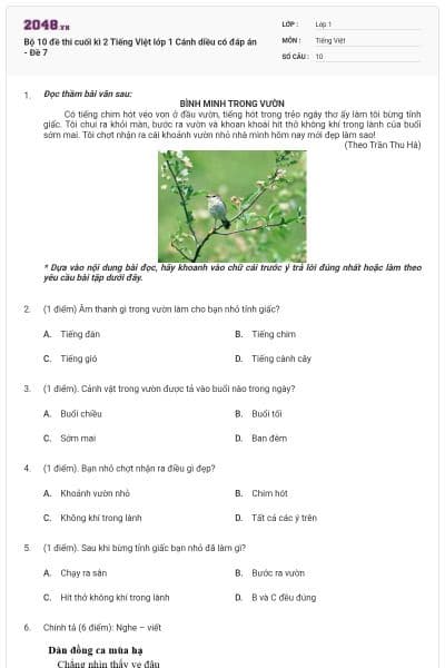 Bộ 10 đề thi cuối kì 2 Tiếng Việt lớp 1 Cánh diều có đáp án - Đề 7