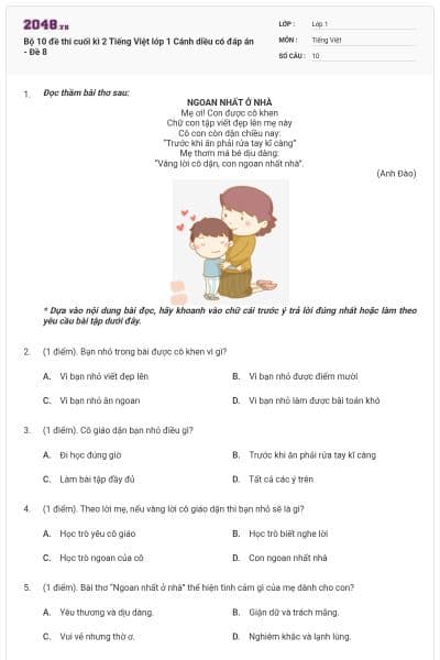 Bộ 10 đề thi cuối kì 2 Tiếng Việt lớp 1 Cánh diều có đáp án - Đề 8