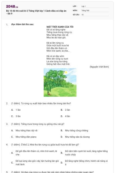 Bộ 10 đề thi cuối kì 2 Tiếng Việt lớp 1 Cánh diều có đáp án - Đề 9
