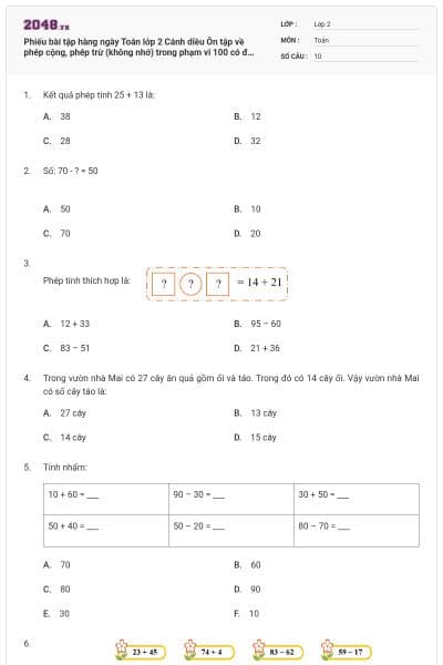 Phiếu bài tập hàng ngày Toán lớp 2 Cánh diều Ôn tập về phép cộng, phép trừ (không nhớ) trong phạm vi 100 có đáp án