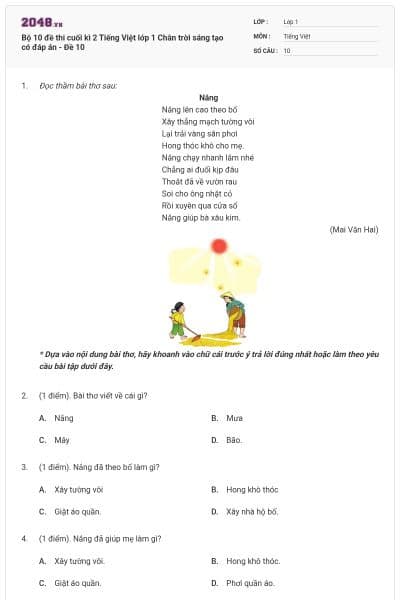 Bộ 10 đề thi cuối kì 2 Tiếng Việt lớp 1 Chân trời sáng tạo có đáp án - Đề 10