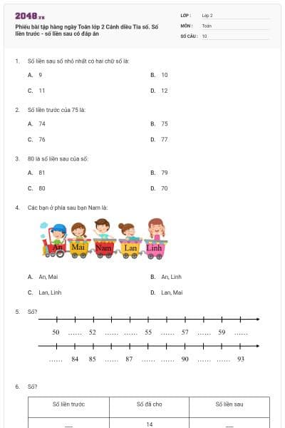 Phiếu bài tập hàng ngày Toán lớp 2 Cánh diều Tia số. Số liền trước - số liền sau có đáp án