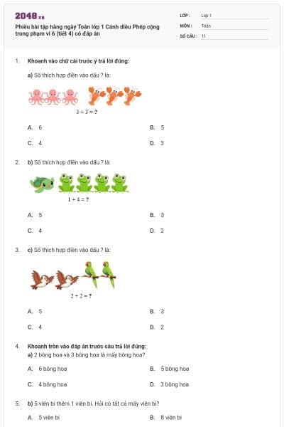 Phiếu bài tập hàng ngày Toán lớp 1 Cánh diều Phép cộng trong phạm vi 6 (tiết 4) có đáp án