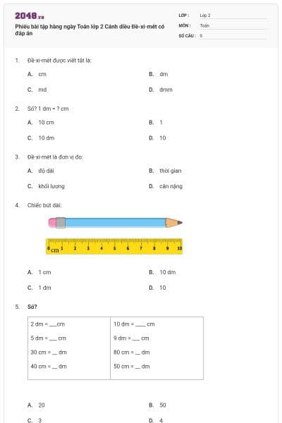 Phiếu bài tập hàng ngày Toán lớp 2 Cánh diều Đề-xi-mét có đáp án