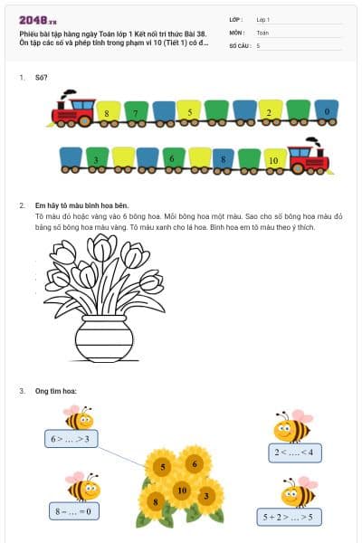Phiếu bài tập hàng ngày Toán lớp 1 Kết nối tri thức Bài 38. Ôn tập các số và phép tính trong phạm vi 10 (Tiết 1) có đáp án