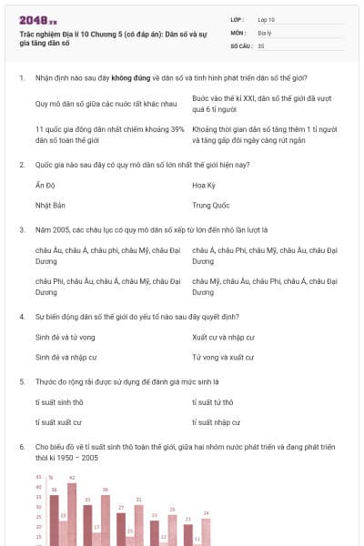 Trắc nghiệm Địa lí 10 Chương 5 (có đáp án): Dân số và sự gia tăng dân số
