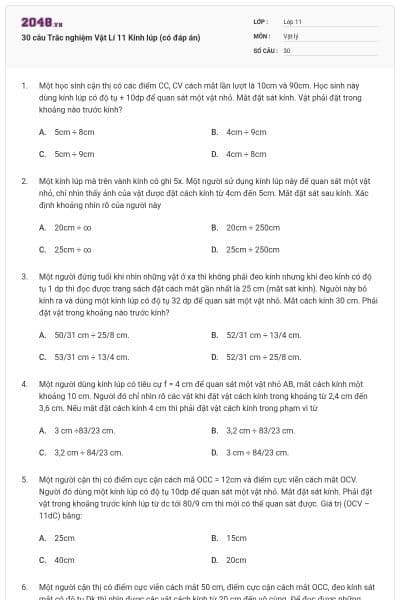 30 câu Trắc nghiệm Vật Lí 11 Kính lúp (có đáp án)