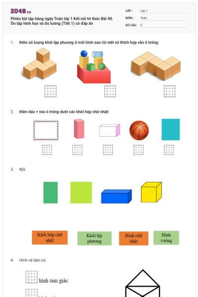 Phiếu bài tập hàng ngày Toán lớp 1 Kết nối tri thức Bài 40. Ôn tập hình học và đo lường (Tiết 1) có đáp án