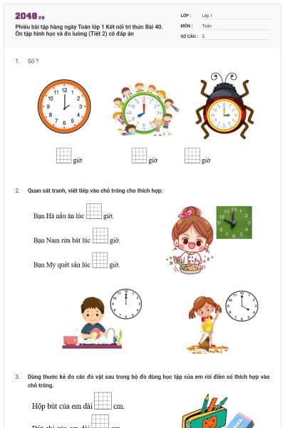 Phiếu bài tập hàng ngày Toán lớp 1 Kết nối tri thức Bài 40. Ôn tập hình học và đo lường (Tiết 2) có đáp án