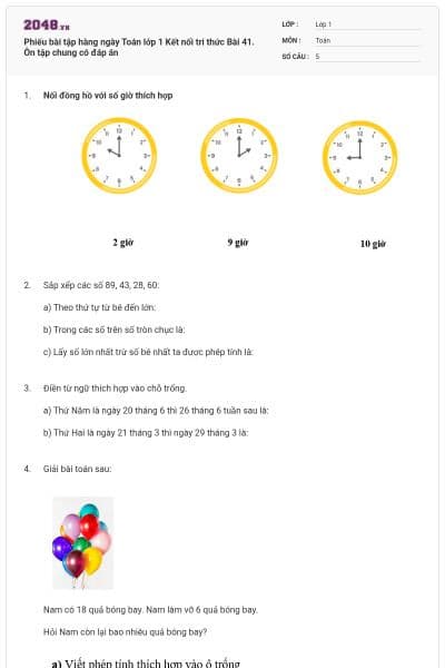 Phiếu bài tập hàng ngày Toán lớp 1 Kết nối tri thức Bài 41. Ôn tập chung có đáp án