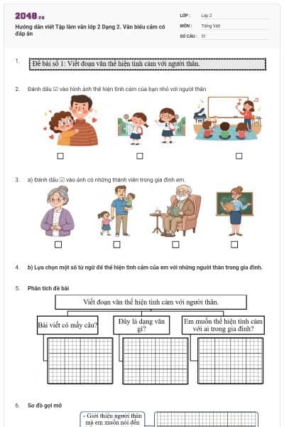 Hướng dẫn viết Tập làm văn lớp 2 Dạng 2. Văn biểu cảm có đáp án