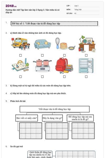 Hướng dẫn viết Tập làm văn lớp 2 Dạng 3. Văn miêu tả có đáp án