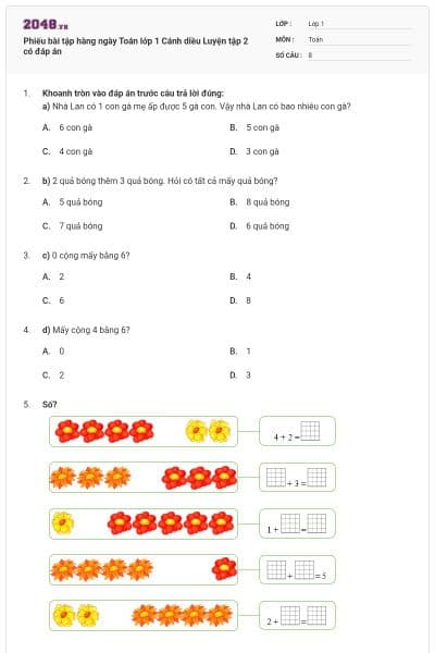 Phiếu bài tập hàng ngày Toán lớp 1 Cánh diều Luyện tập 2 có đáp án