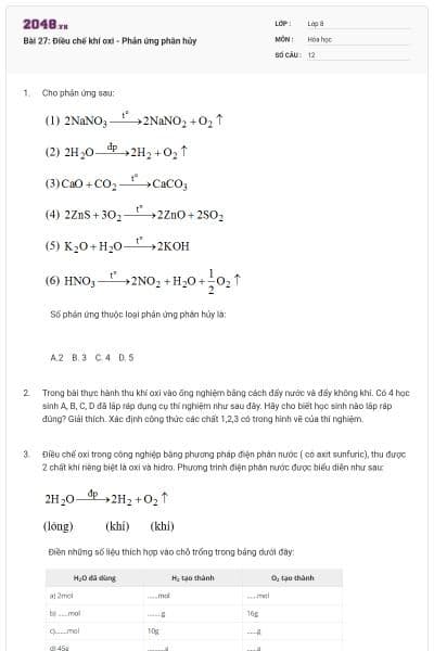 Bài 27: Điều chế khí oxi - Phản ứng phân hủy