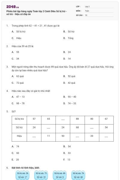 Phiếu bài tập hàng ngày Toán lớp 2 Cánh Diều Số bị trừ - số trừ - hiệu có đáp án