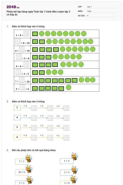 Phiếu bài tập hàng ngày Toán lớp 1 Cánh diều Luyện tập 3 có đáp án