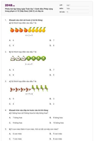 Phiếu bài tập hàng ngày Toán lớp 1 Cánh diều Phép cộng trong phạm vi 10 (tiếp theo) (tiết 2) có đáp án
