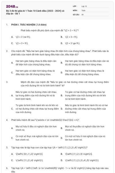 Bộ 3 đề thi giữa kì 1 Toán 10 Cánh diều (2023 - 2024) có đáp án - Đề 1