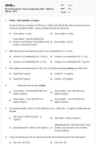 Bộ 3 đề thi giữa kì 1 Toán 10 Cánh diều (2023 - 2024) có đáp án - Đề 3