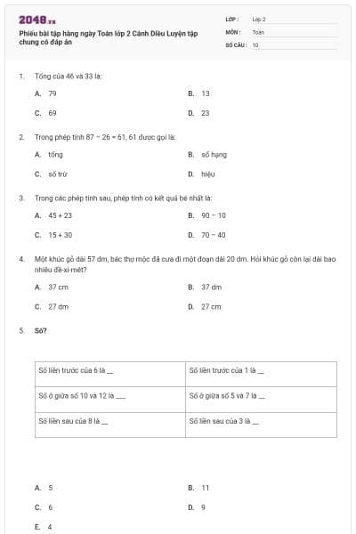 Phiếu bài tập hàng ngày Toán lớp 2 Cánh Diều Luyện tập chung có đáp án