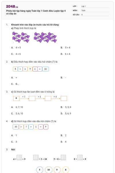 Phiếu bài tập hàng ngày Toán lớp 1 Cánh diều Luyện tập 4 có đáp án
