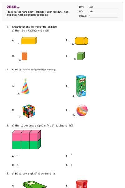 Phiếu bài tập hàng ngày Toán lớp 1 Cánh diều  Khối hộp chữ nhật. Khối lập phương có đáp án