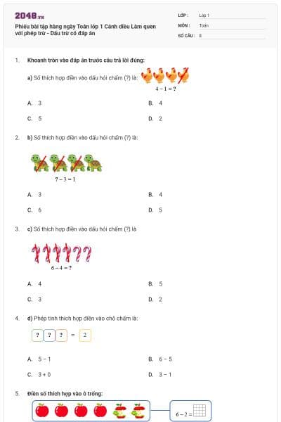 Phiếu bài tập hàng ngày Toán lớp 1 Cánh diều Làm quen với phép trừ - Dấu trừ có đáp án