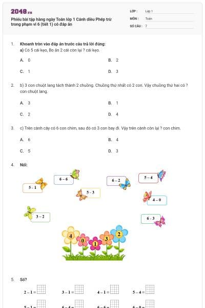 Phiếu bài tập hàng ngày Toán lớp 1 Cánh diều Phép trừ trong phạm vi 6 (tiết 1) có đáp án