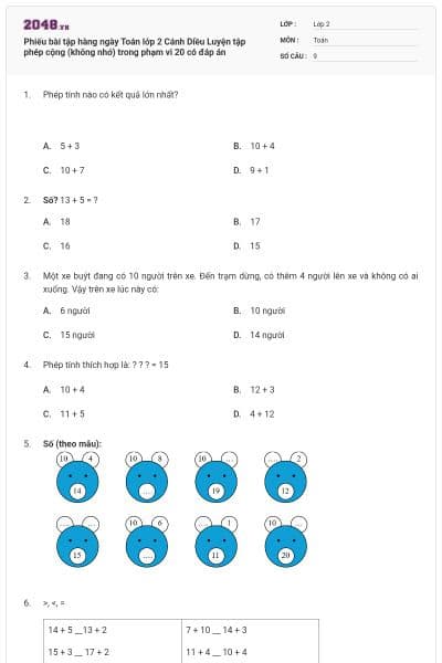 Phiếu bài tập hàng ngày Toán lớp 2 Cánh Diều Luyện tập phép cộng (không nhớ) trong phạm vi 20 có đáp án