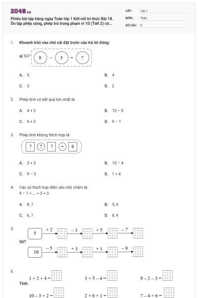 Phiếu bài tập hàng ngày Toán lớp 1 Kết nối tri thức Bài 18. Ôn tập phép cộng, phép trừ trong phạm vi 10 (Tiết 2) có đáp án